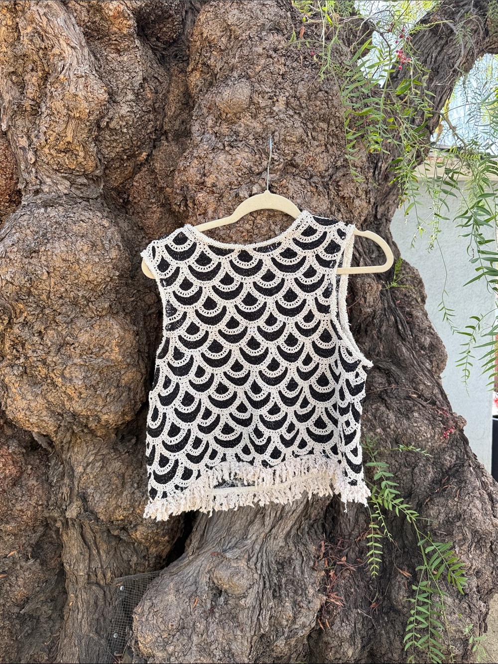 Mango Black Crochet Fringe Muscle Tee with Cream Overlay